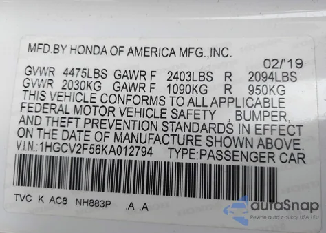 2019 Honda Accord Ex-L 2.0T z USA, uszkodzony, nr VIN 1HGCV2F56KA012794